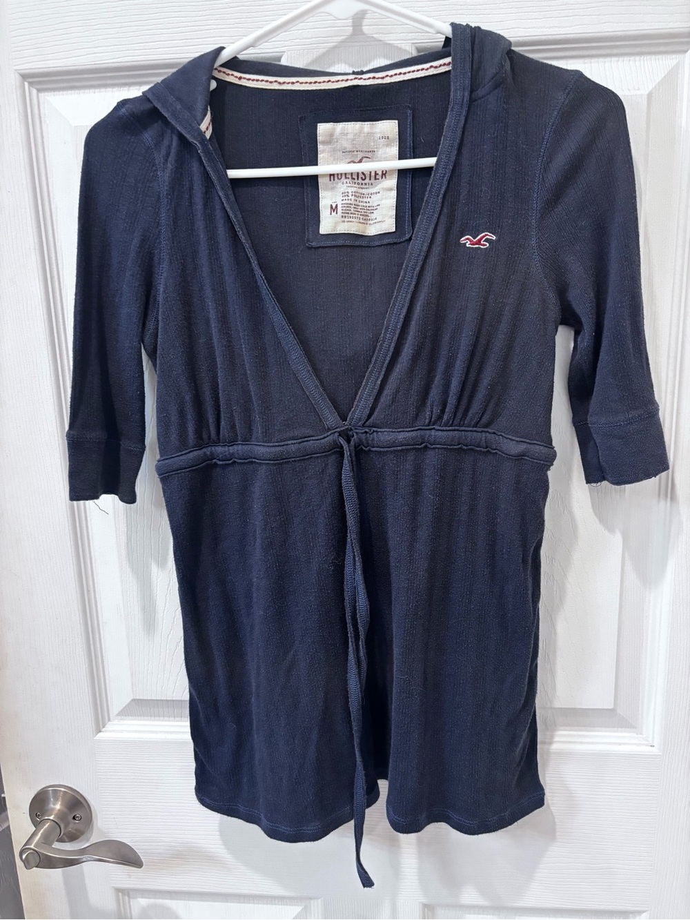 Hollister Navy Y2K Hooded Tie-Front Baby Doll Top